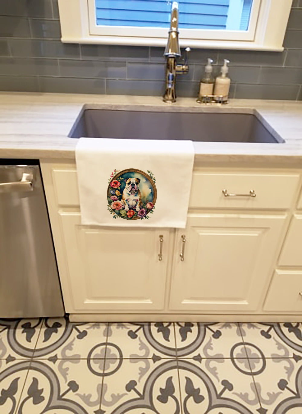 English Bulldog and Flowers Kitchen Towel Set of 2