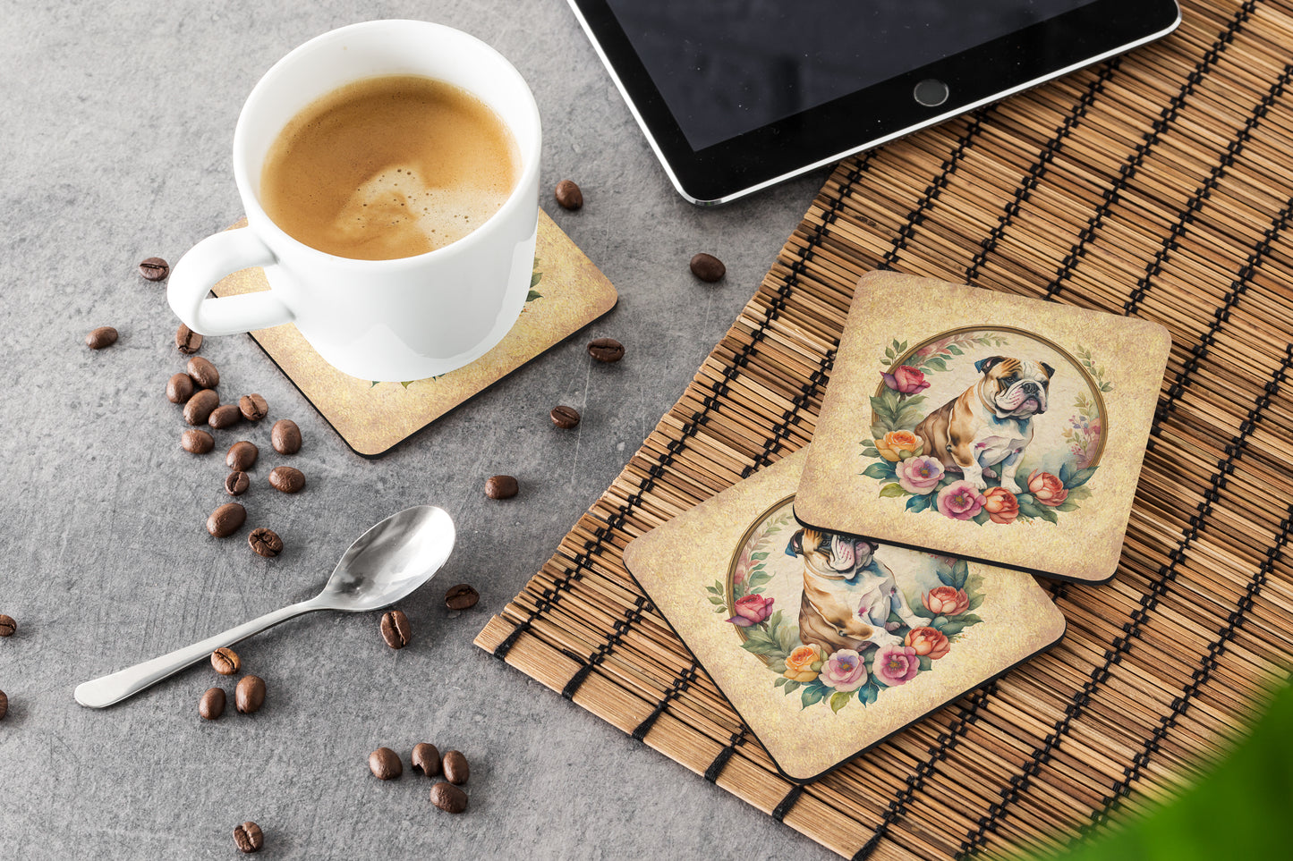 English Bulldog and Flowers Foam Coasters