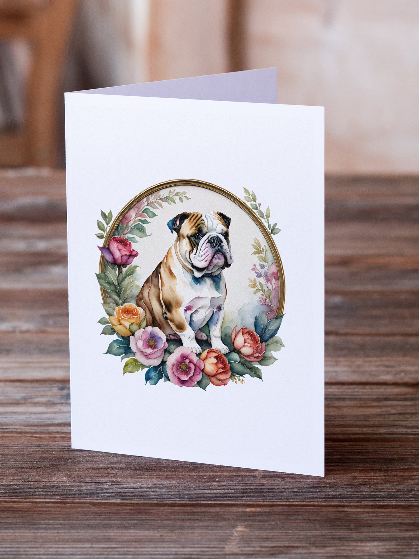 English Bulldog and Flowers Greeting Cards and Envelopes Pack of 8