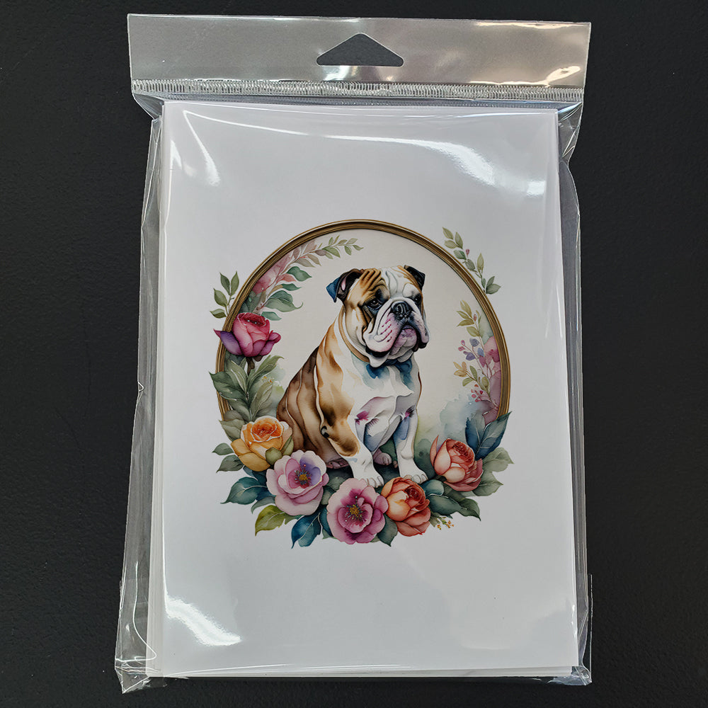 English Bulldog and Flowers Greeting Cards and Envelopes Pack of 8