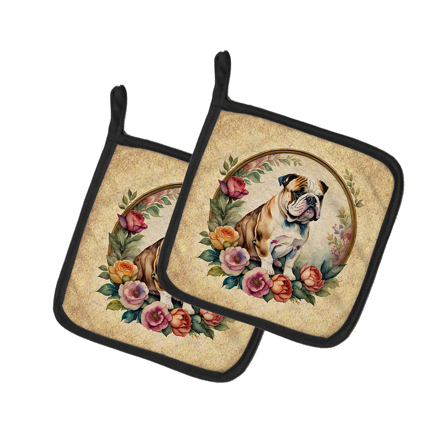 Buy this English Bulldog and Flowers Pair of Pot Holders