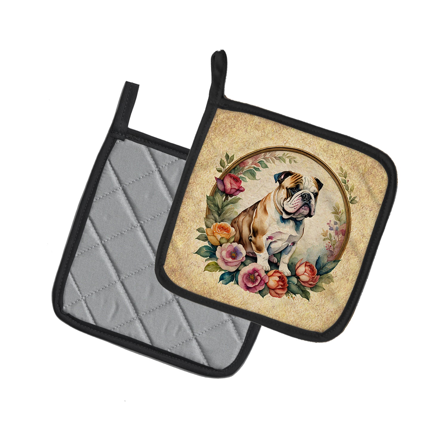 English Bulldog and Flowers Pair of Pot Holders