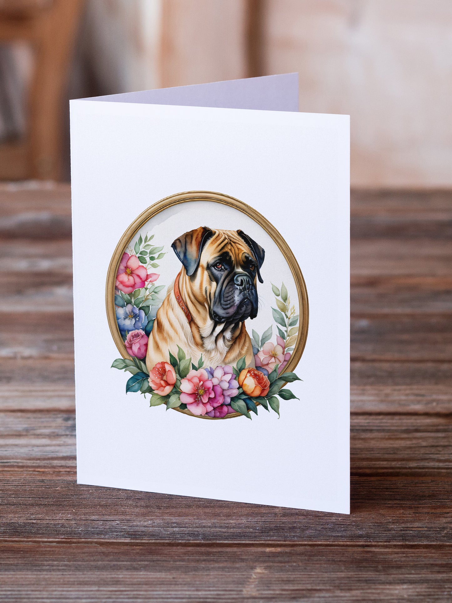 Bullmastiff and Flowers Greeting Cards and Envelopes Pack of 8