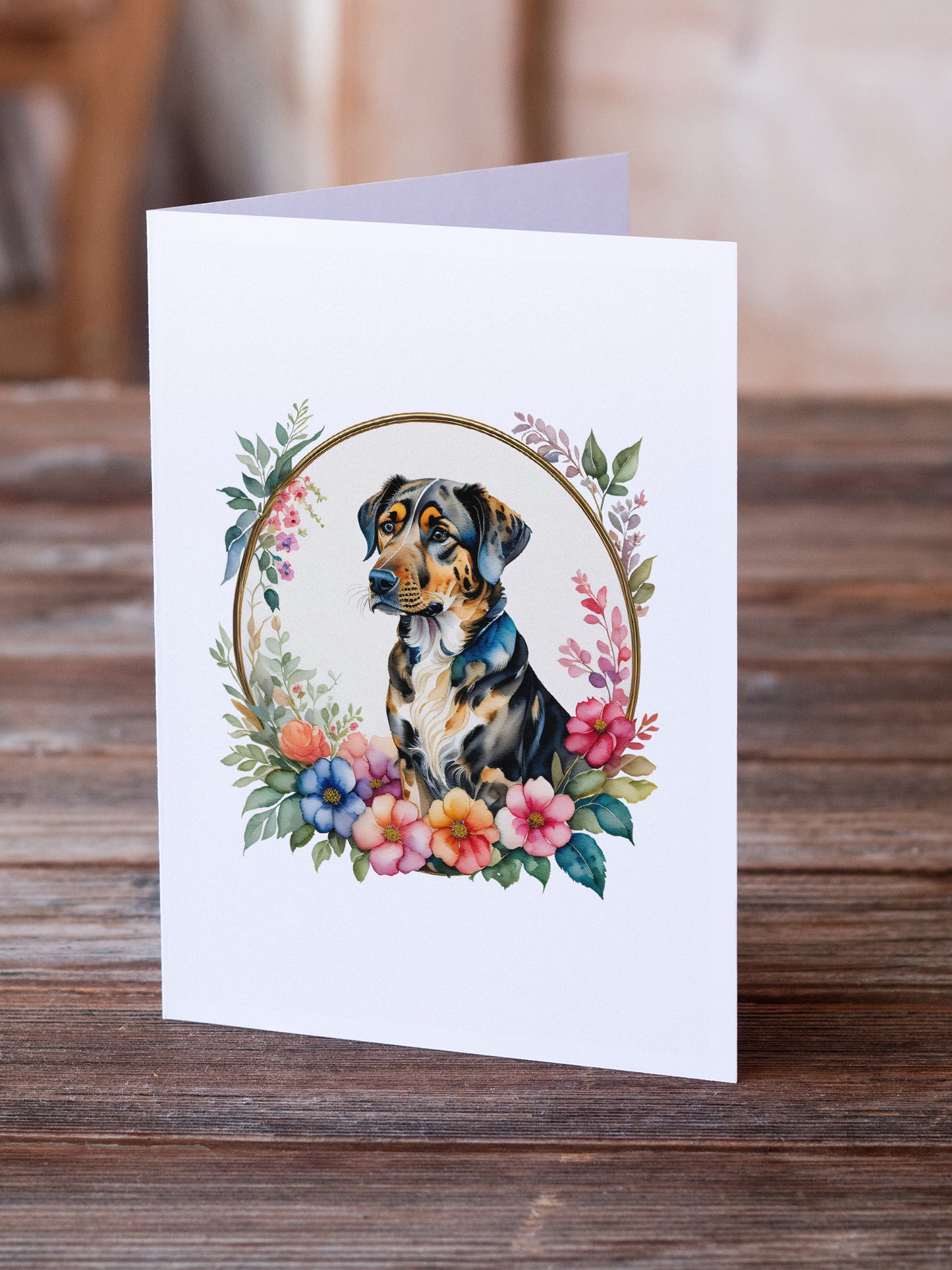 Catahoula Leopard Dog and Flowers Greeting Cards and Envelopes Pack of 8