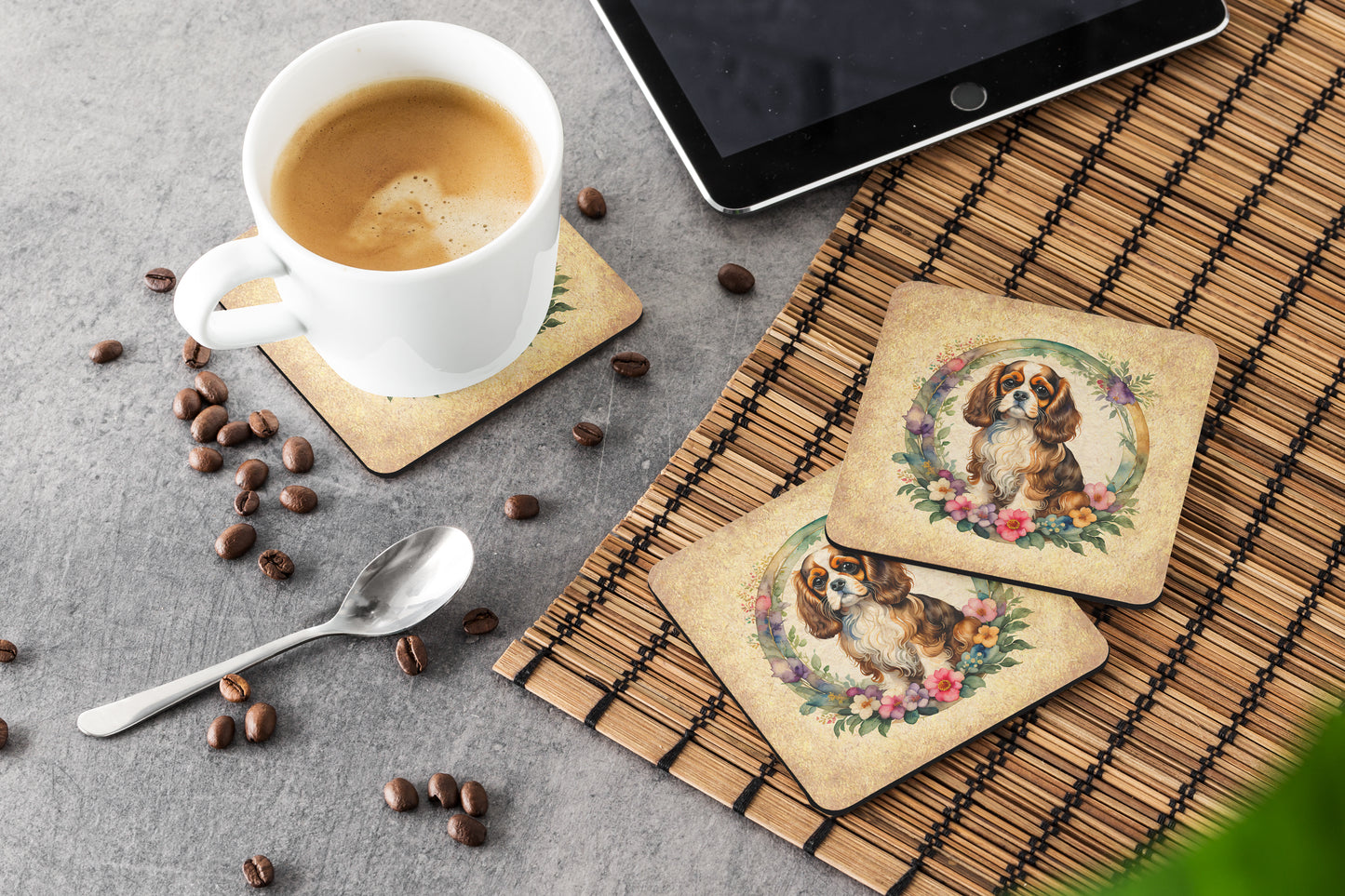 Cavalier Spaniel and Flowers Foam Coasters