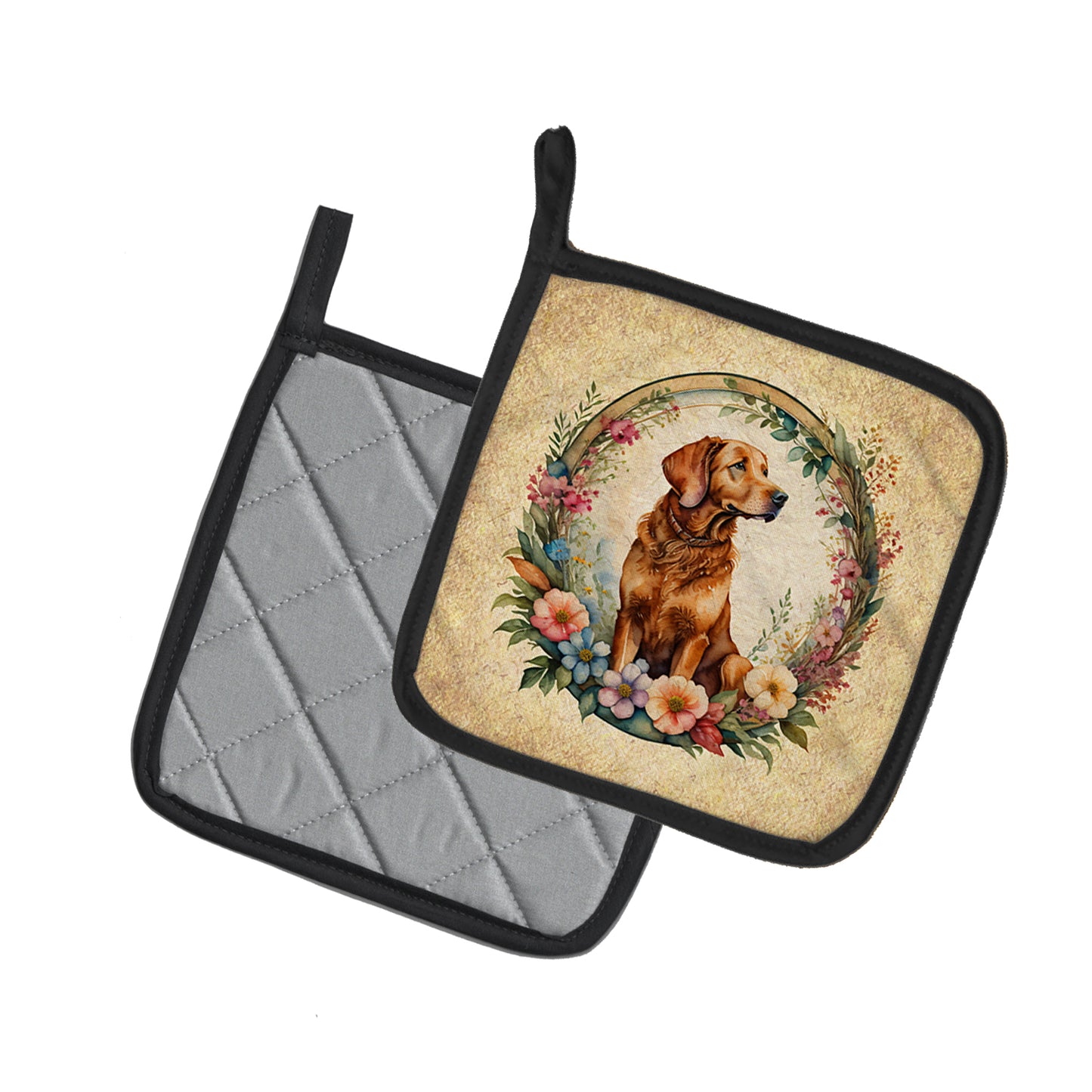 Chesapeake Bay Retriever and Flowers Pair of Pot Holders