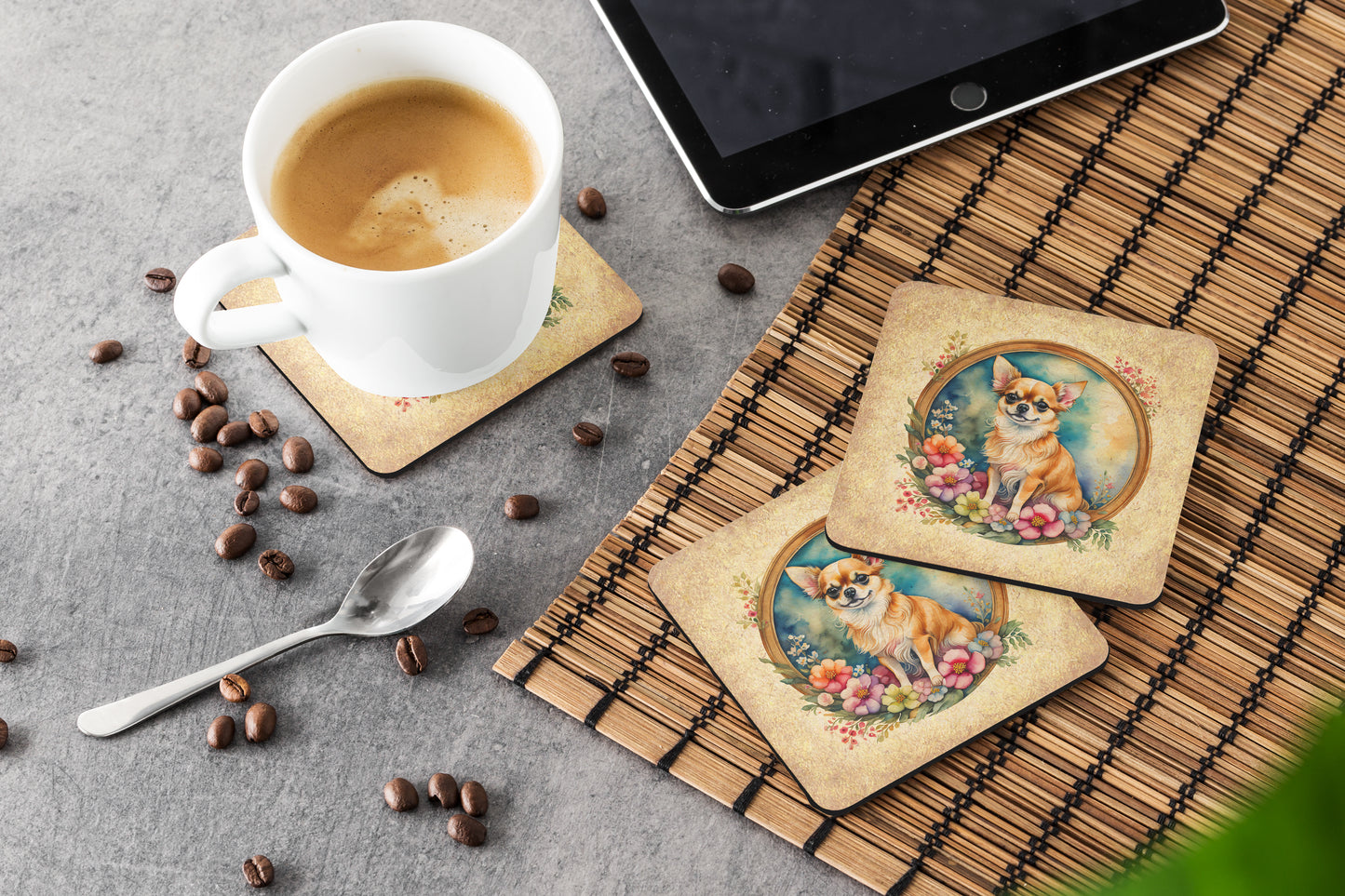 Chihuahua and Flowers Foam Coasters