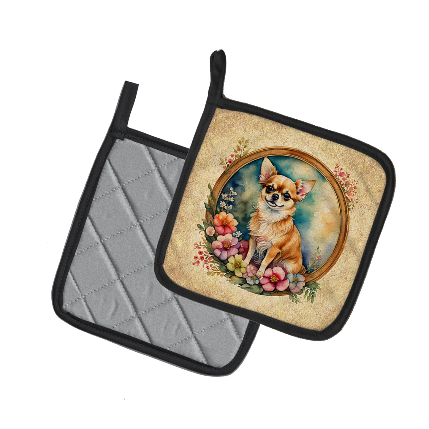 Chihuahua and Flowers Pair of Pot Holders