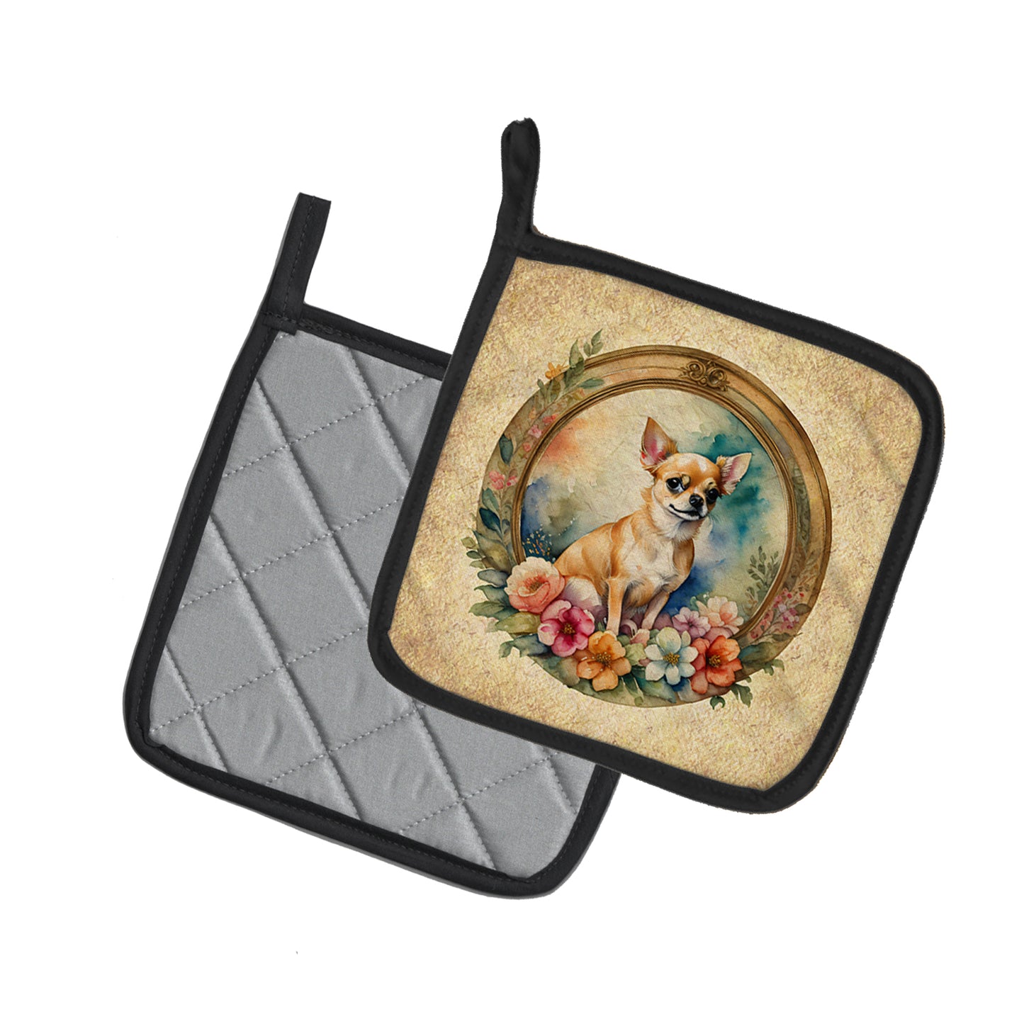 Chihuahua and Flowers Pair of Pot Holders