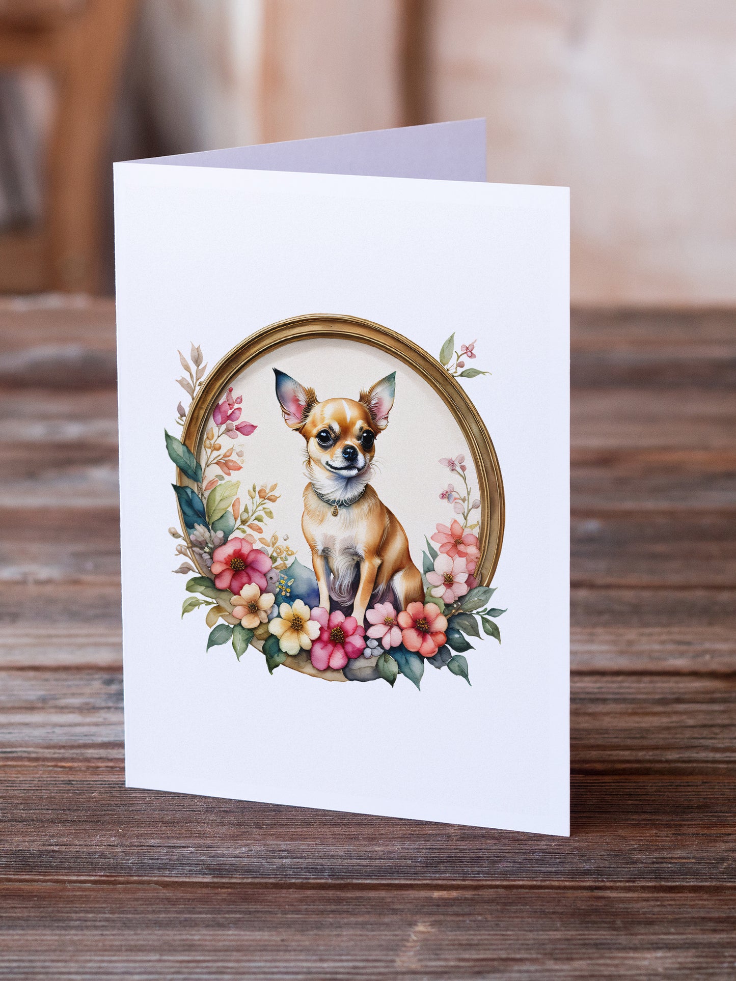Chihuahua and Flowers Greeting Cards and Envelopes Pack of 8