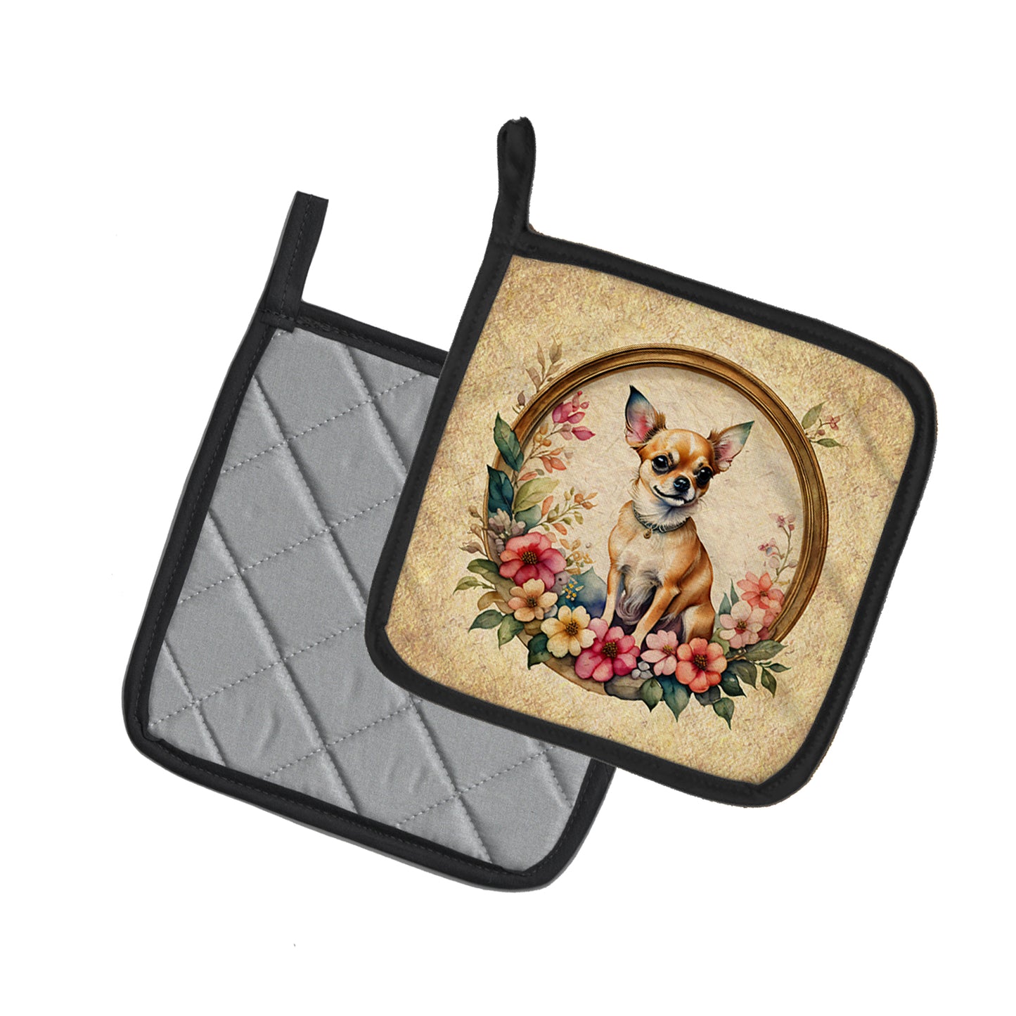 Chihuahua and Flowers Pair of Pot Holders