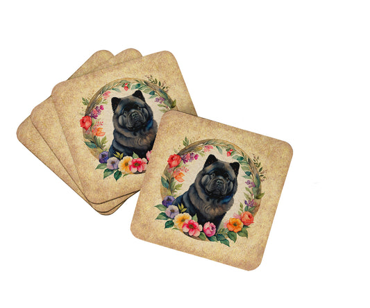 Buy this Black Chow Chow and Flowers Foam Coasters