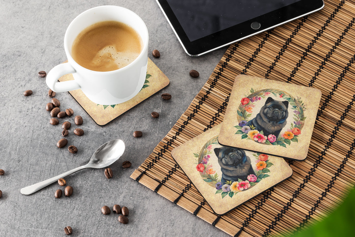 Black Chow Chow and Flowers Foam Coasters