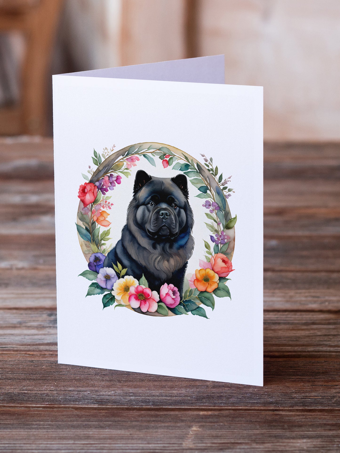 Black Chow Chow and Flowers Greeting Cards and Envelopes Pack of 8