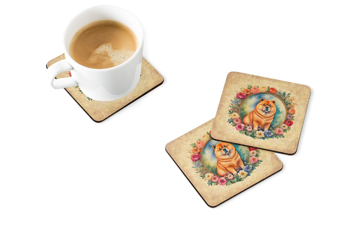 Chow Chow and Flowers Foam Coasters