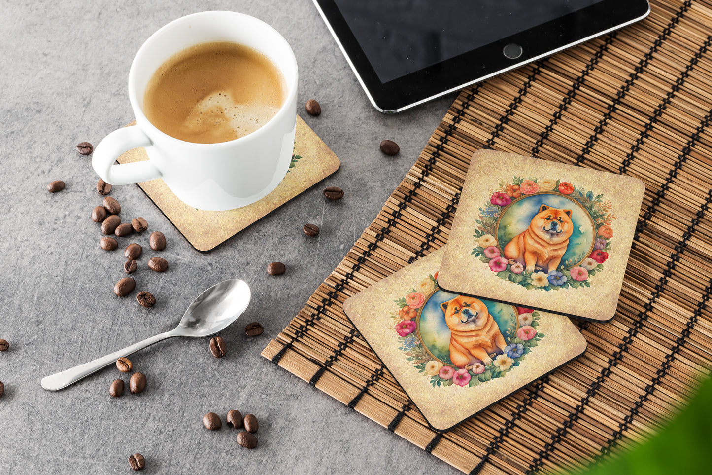 Chow Chow and Flowers Foam Coasters