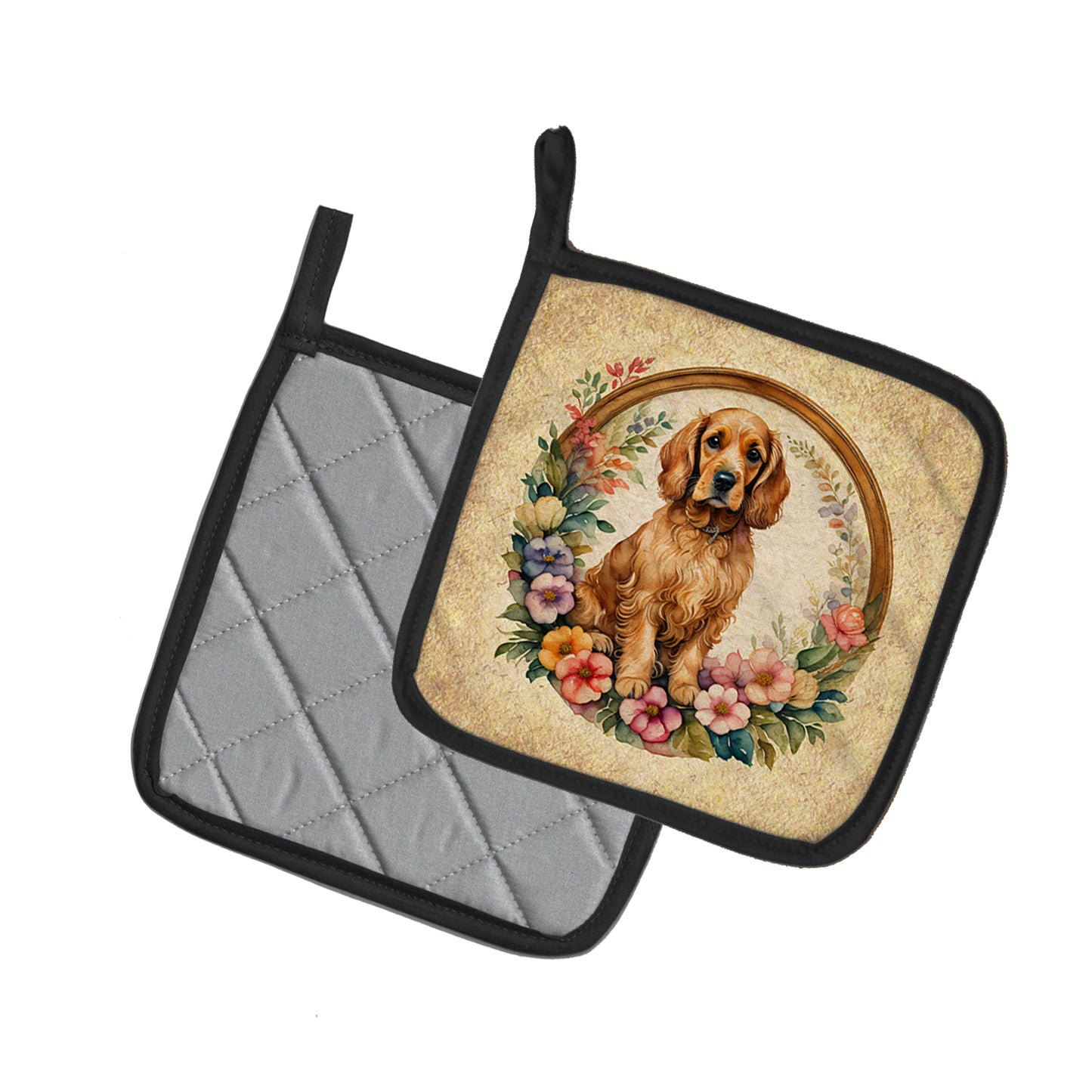 Cocker Spaniel and Flowers Pair of Pot Holders