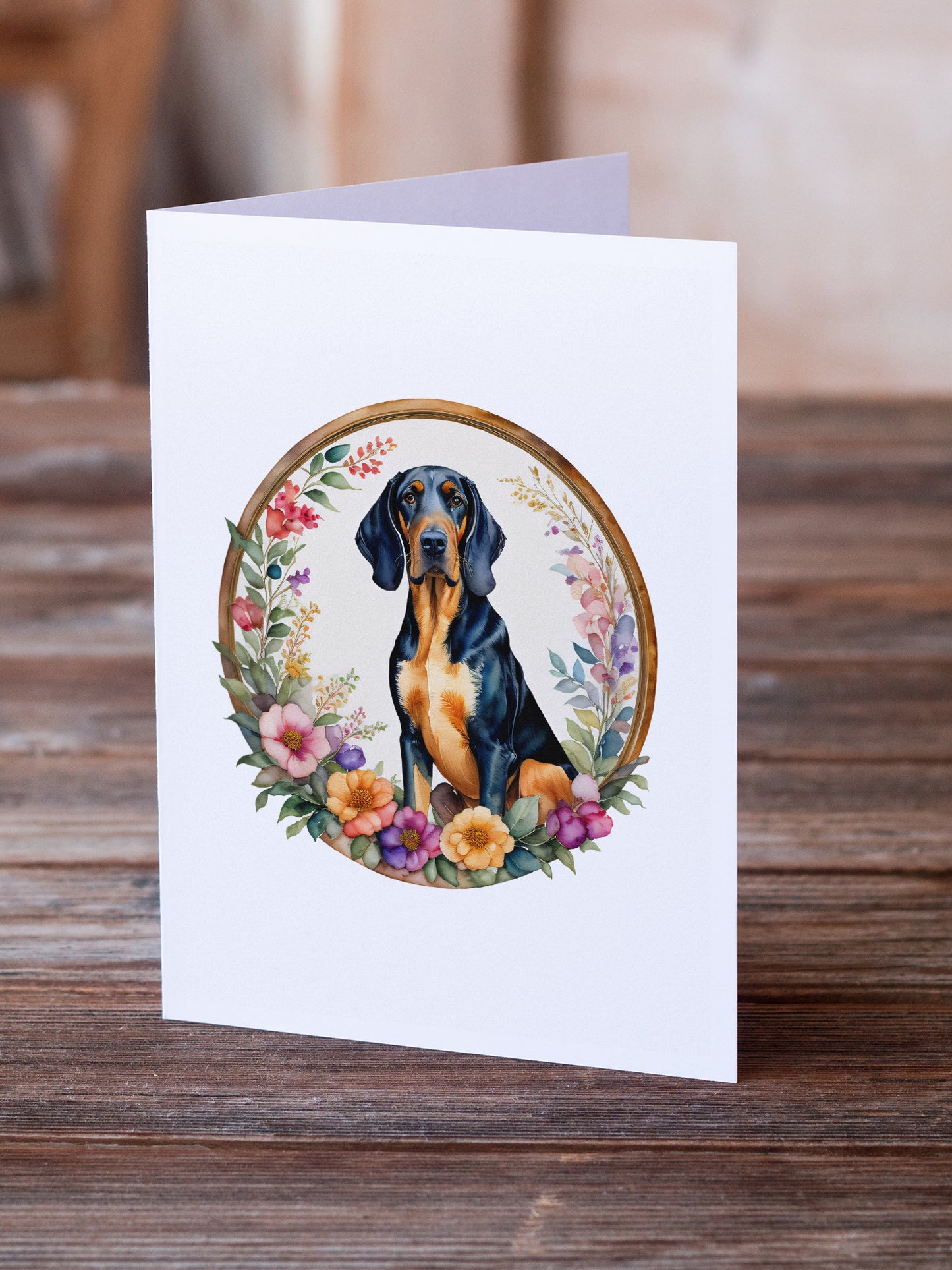 Coonhound and Flowers Greeting Cards and Envelopes Pack of 8