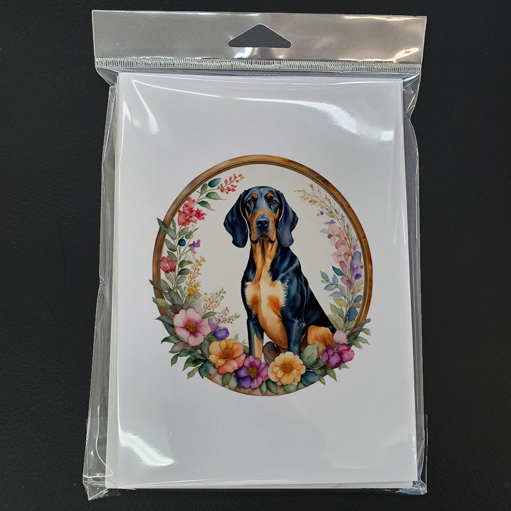 Coonhound and Flowers Greeting Cards and Envelopes Pack of 8
