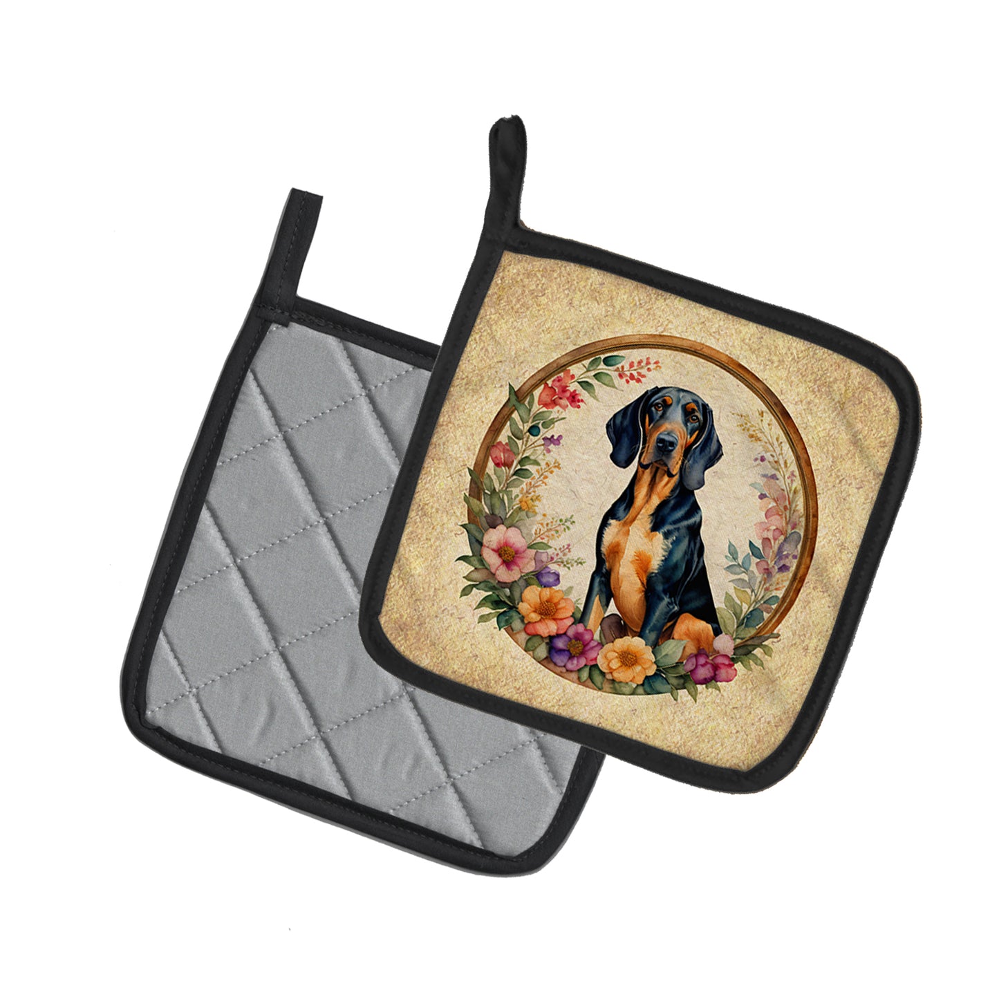 Coonhound and Flowers Pair of Pot Holders