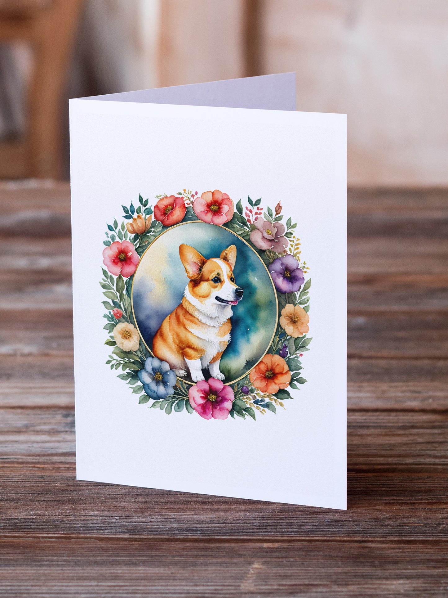 Corgi and Flowers Greeting Cards and Envelopes Pack of 8