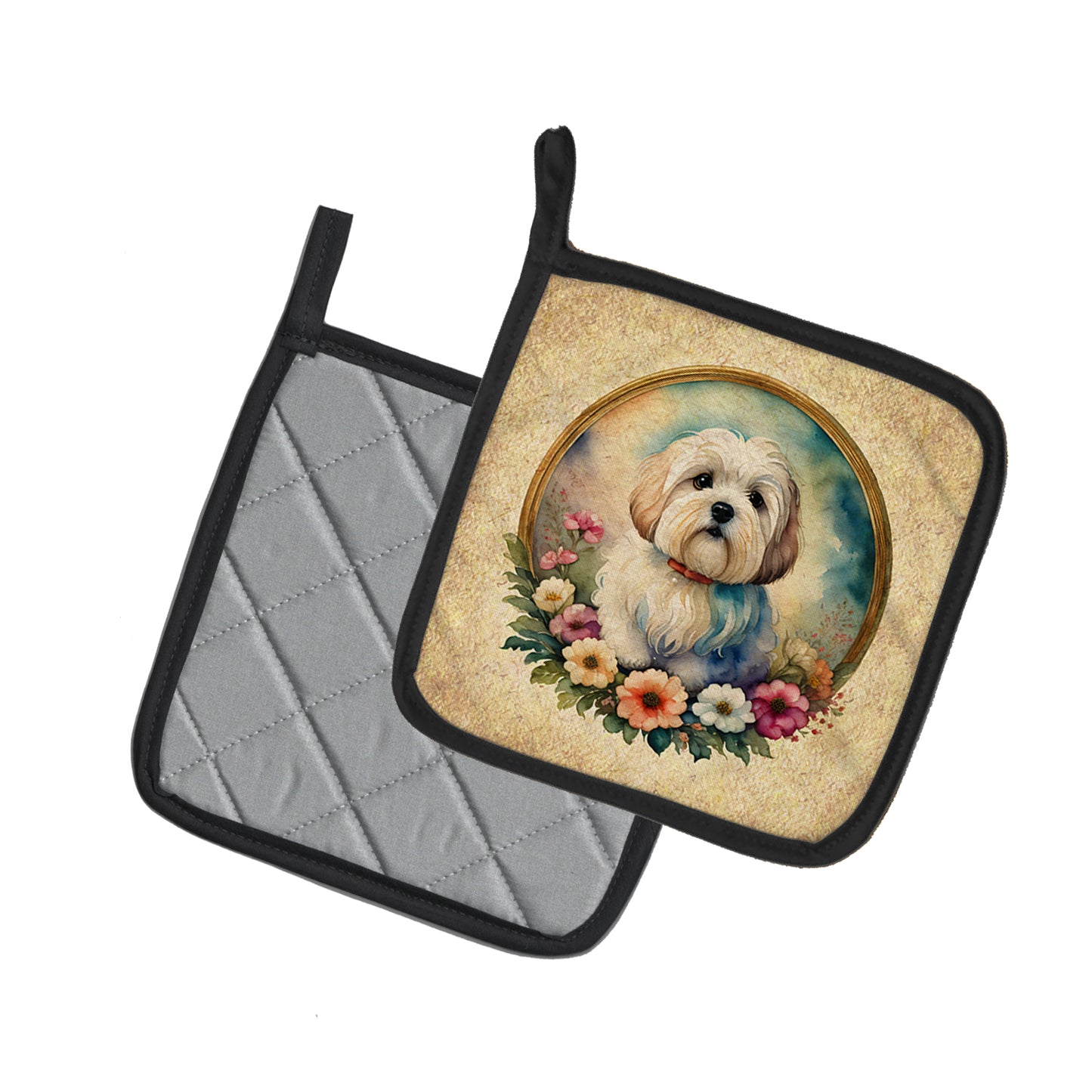 Coton De Tulear and Flowers Pair of Pot Holders