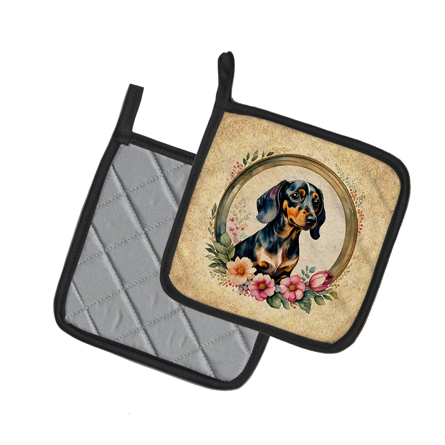 Dachshund and Flowers Pair of Pot Holders