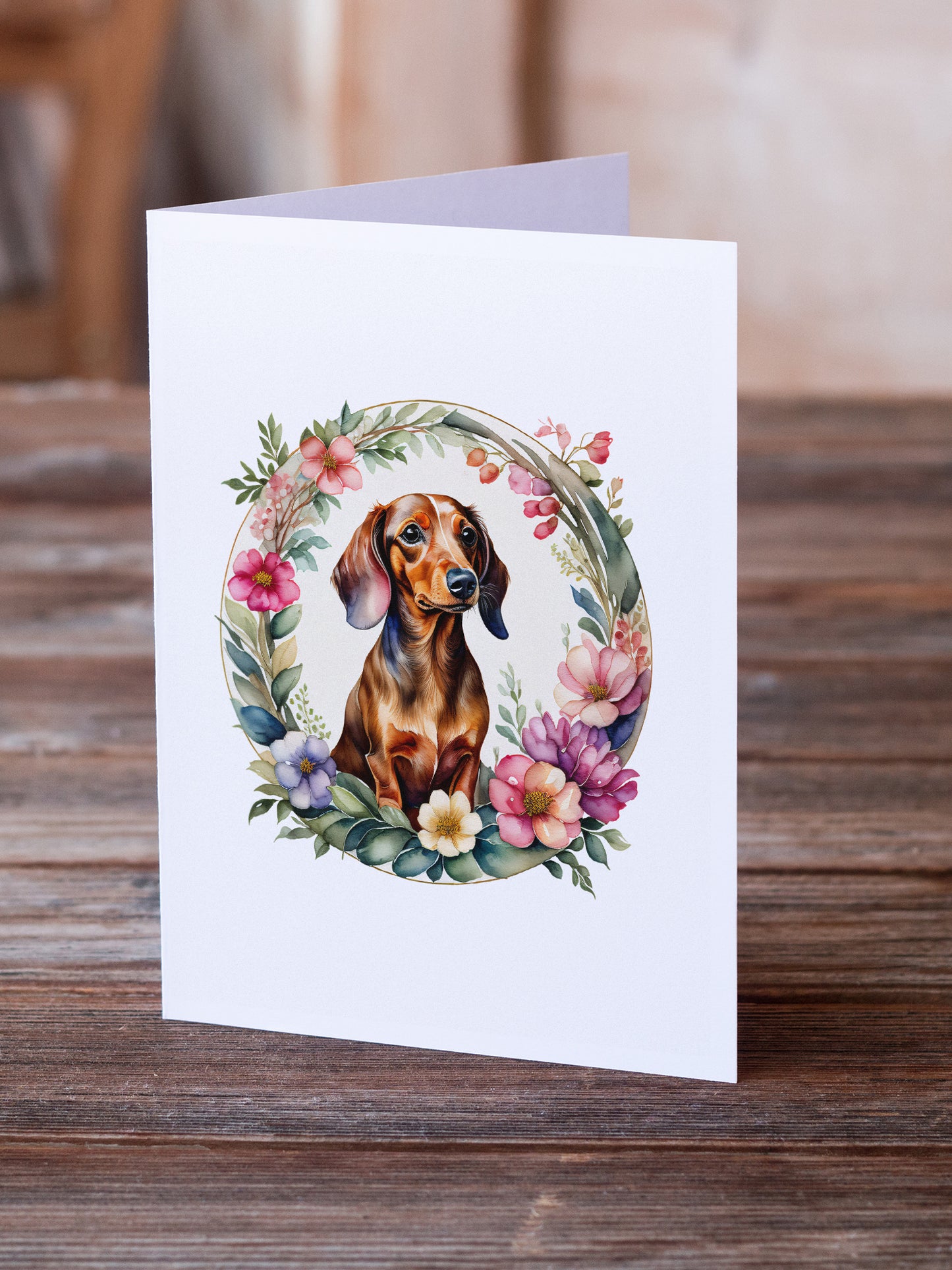 Dachshund and Flowers Greeting Cards and Envelopes Pack of 8