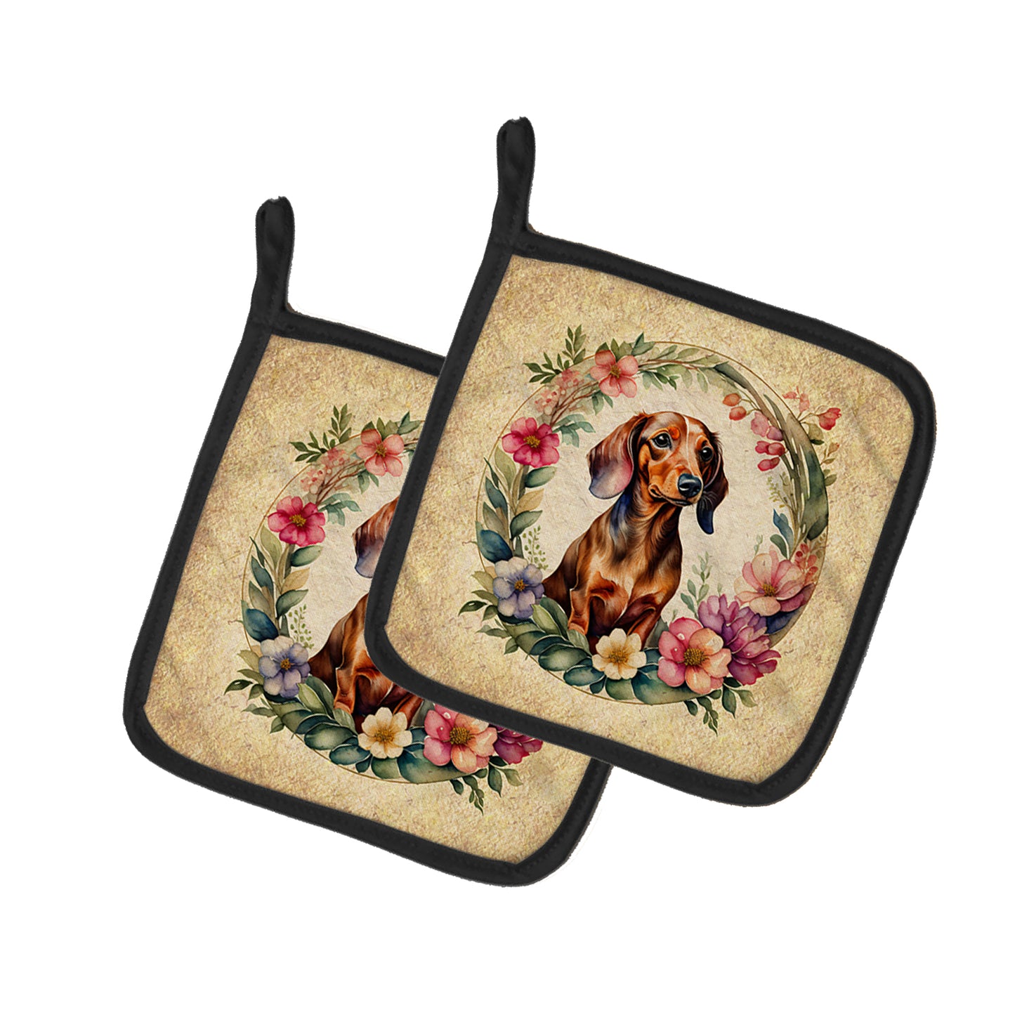 Buy this Dachshund and Flowers Pair of Pot Holders