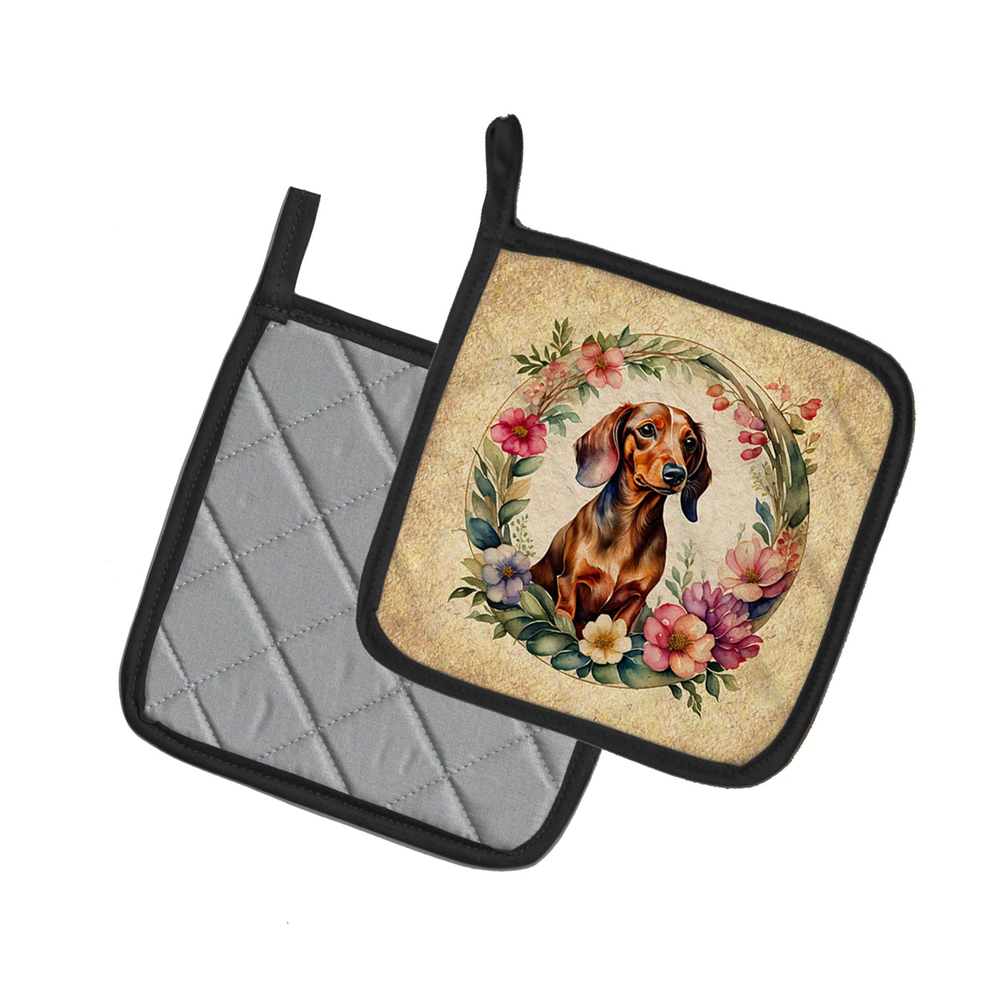 Dachshund and Flowers Pair of Pot Holders