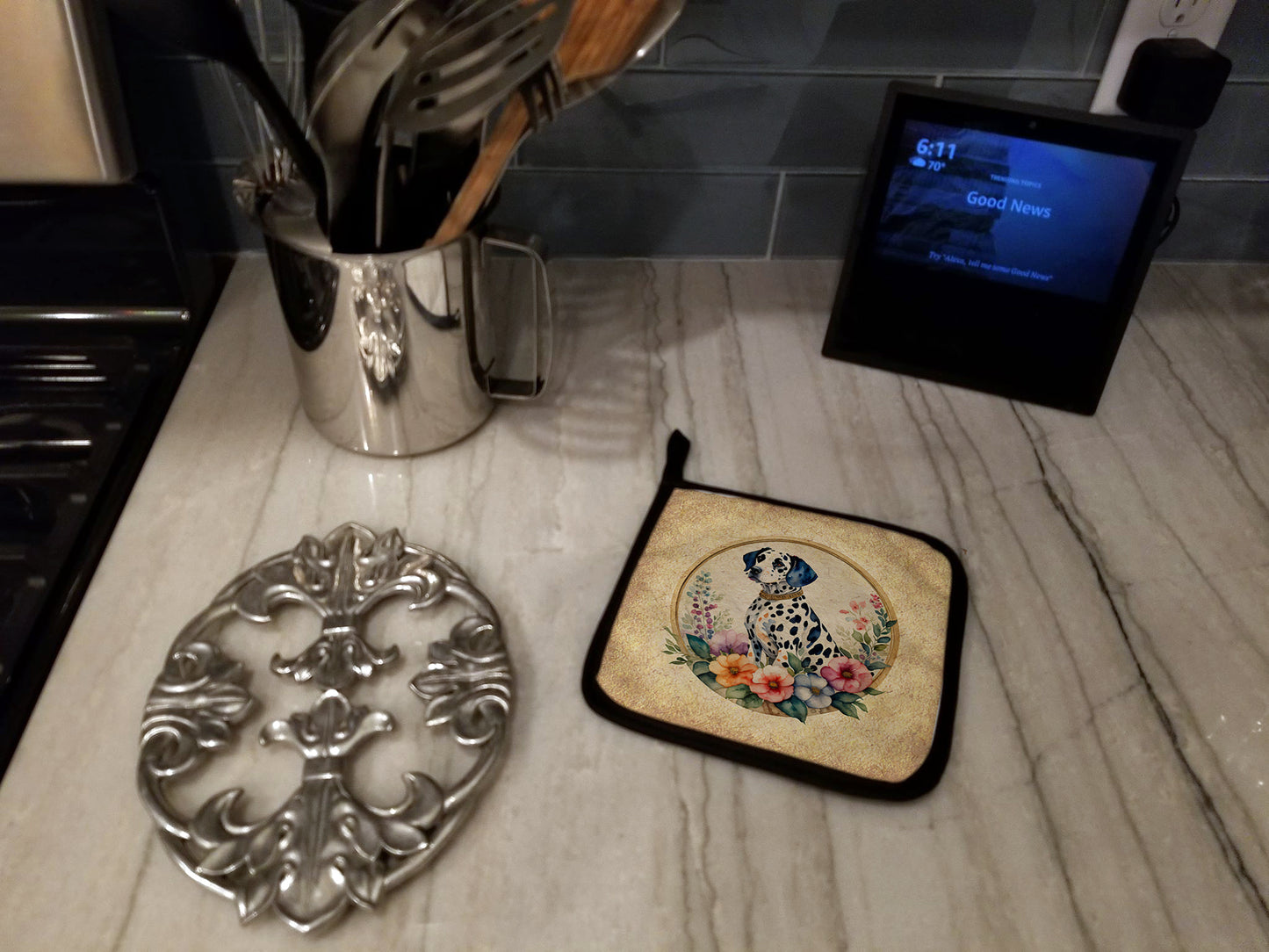 Dalmatian and Flowers Pair of Pot Holders