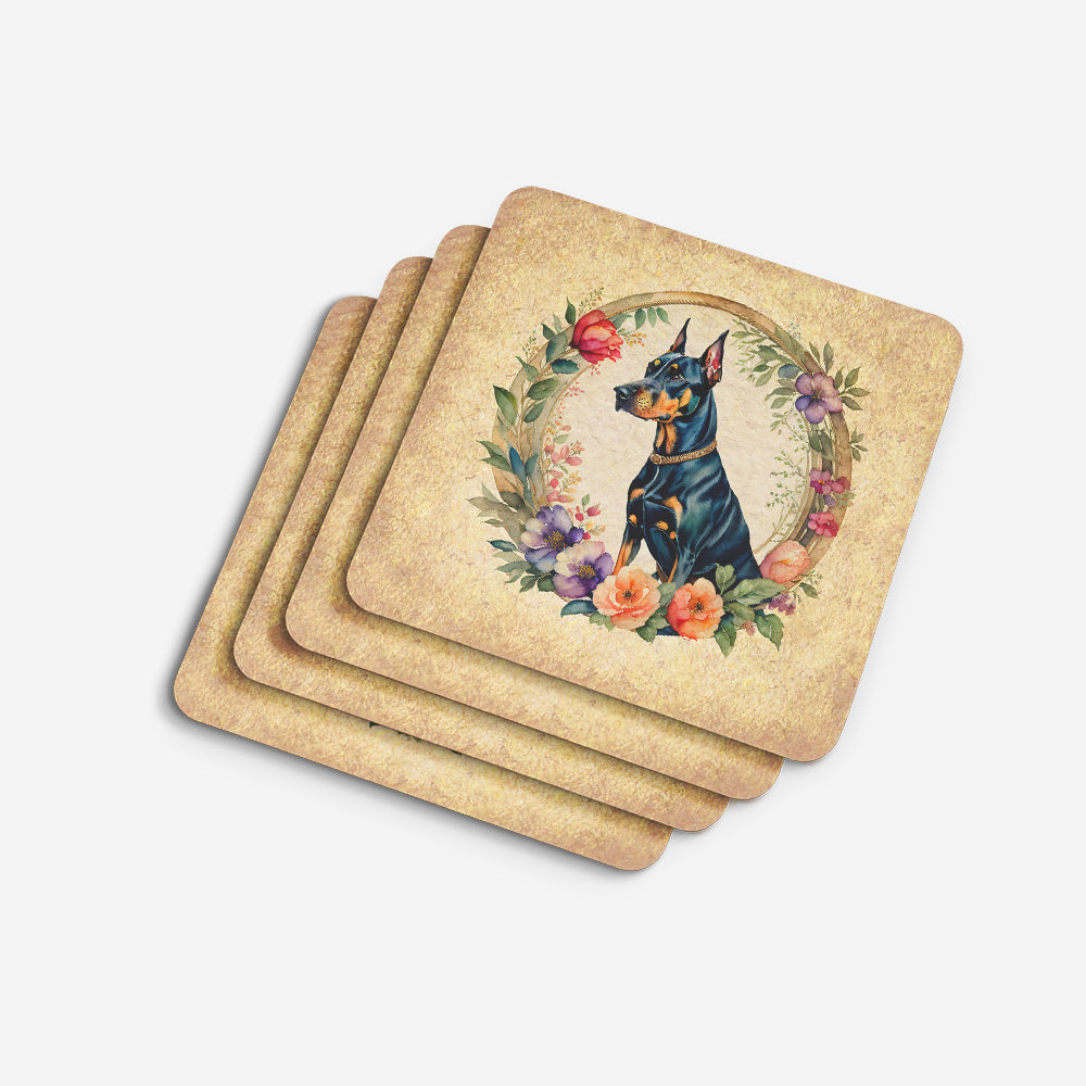 Doberman Pinscher and Flowers Foam Coasters