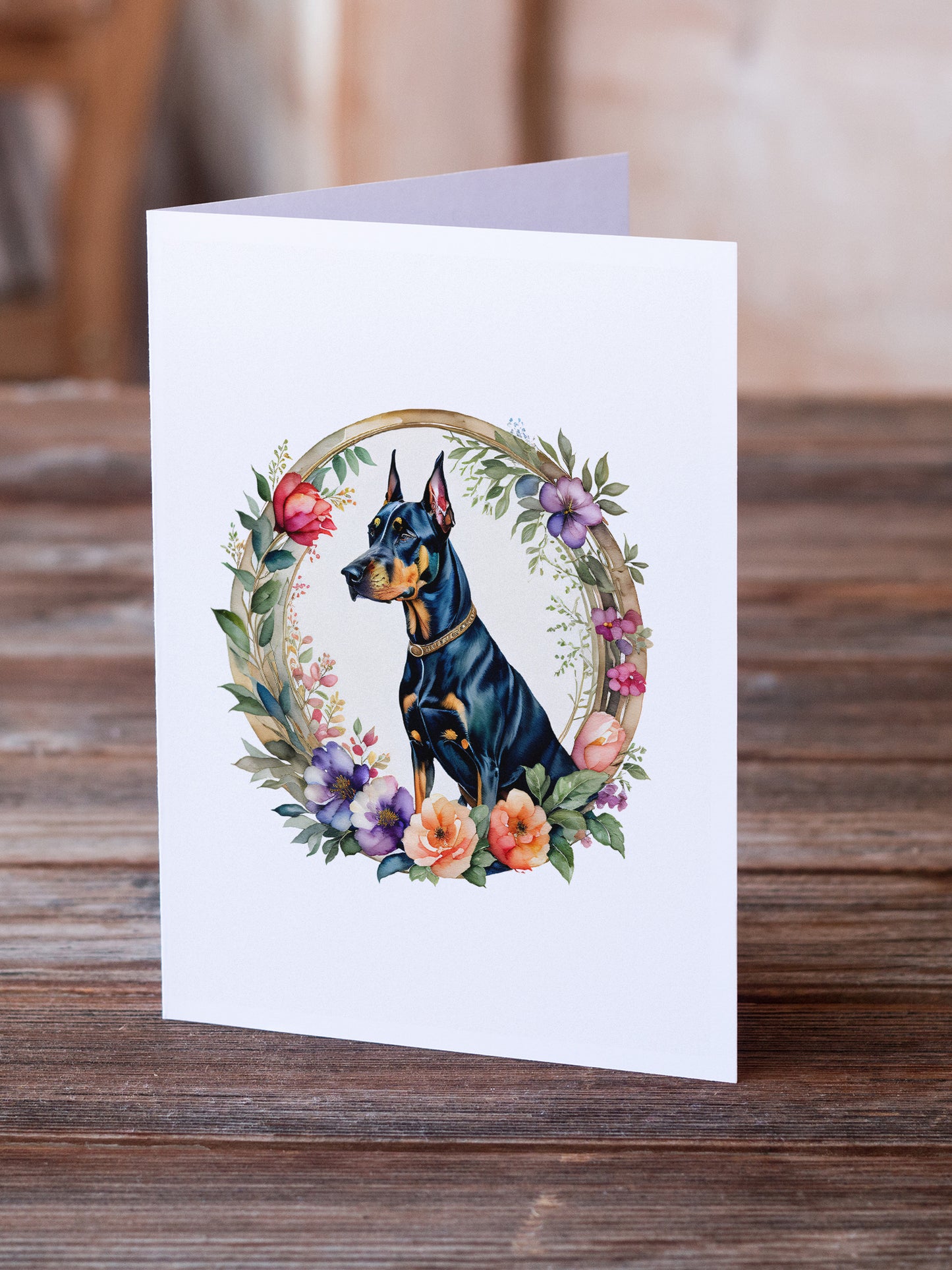 Doberman Pinscher and Flowers Greeting Cards and Envelopes Pack of 8