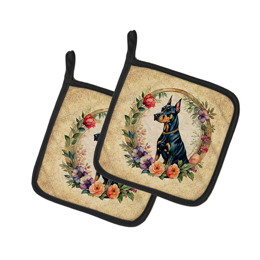 Buy this Doberman Pinscher and Flowers Pair of Pot Holders