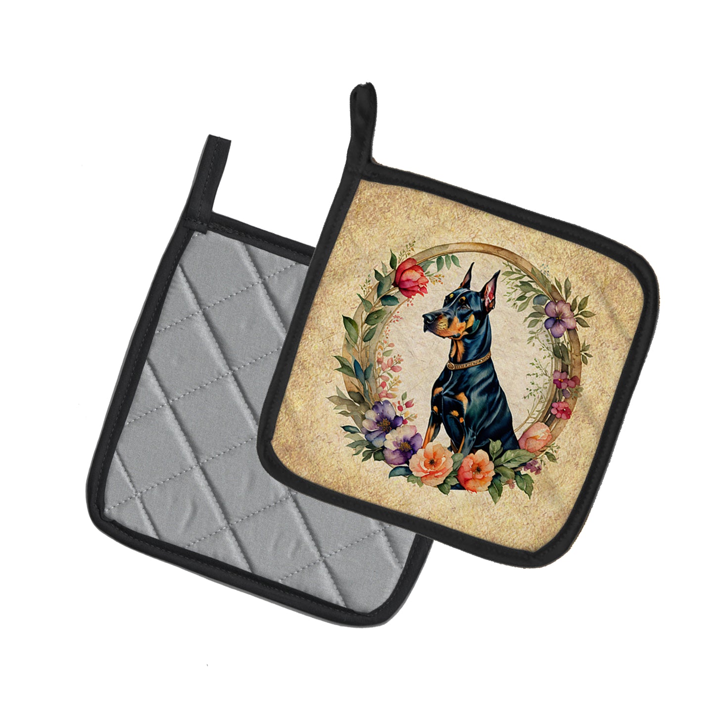 Doberman Pinscher and Flowers Pair of Pot Holders