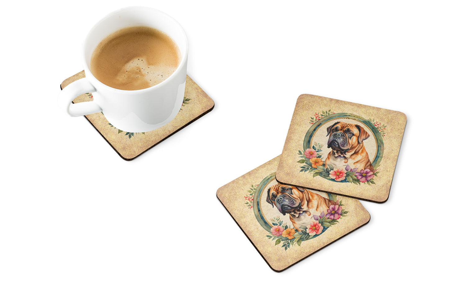 Dogue de Bordeaux and Flowers Foam Coasters