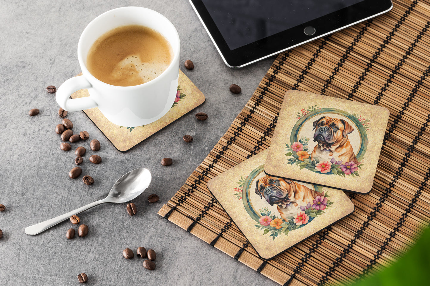 Dogue de Bordeaux and Flowers Foam Coasters