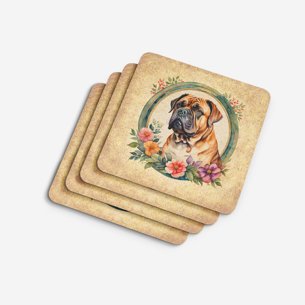 Dogue de Bordeaux and Flowers Foam Coasters