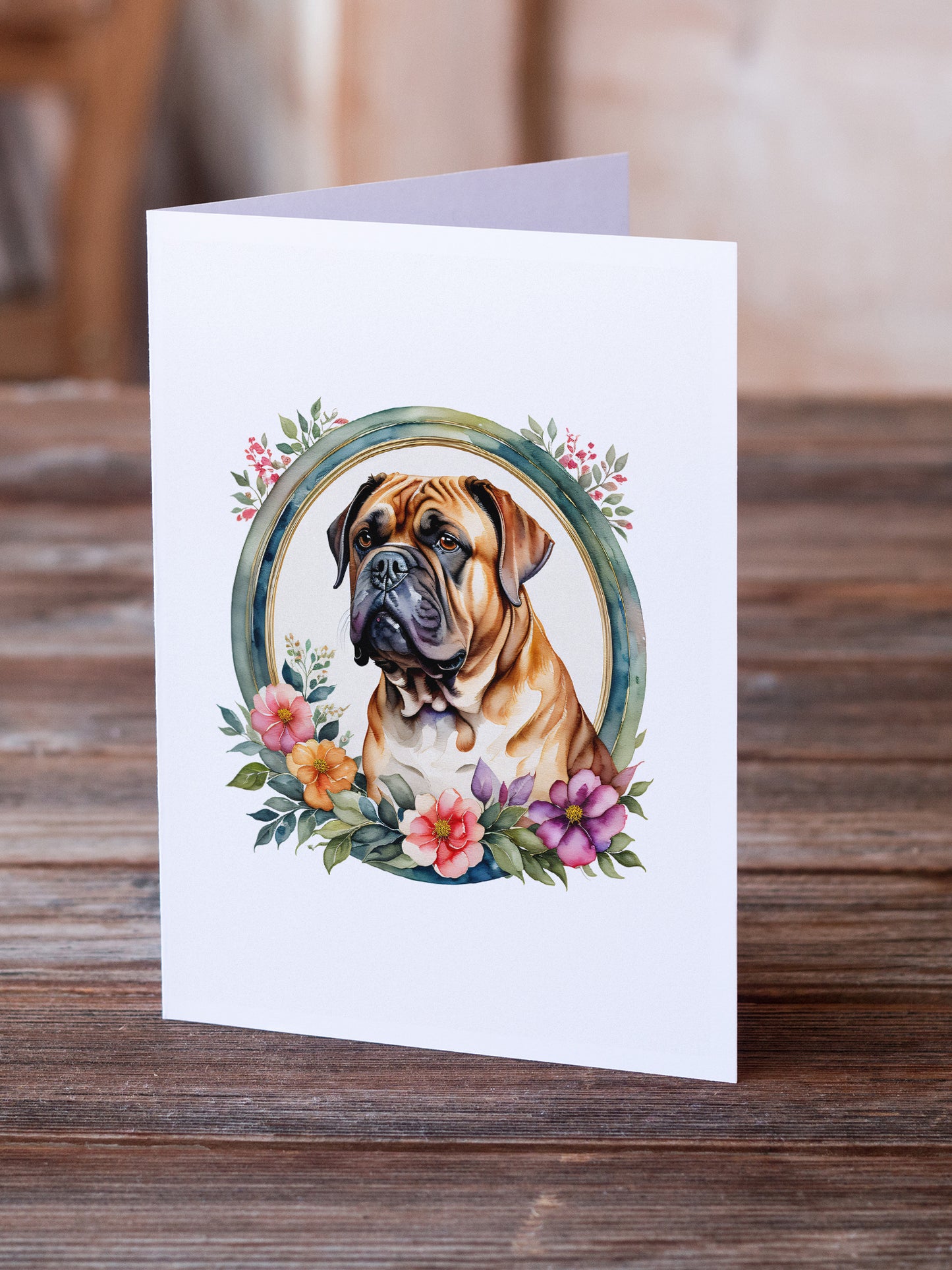 Dogue de Bordeaux and Flowers Greeting Cards and Envelopes Pack of 8
