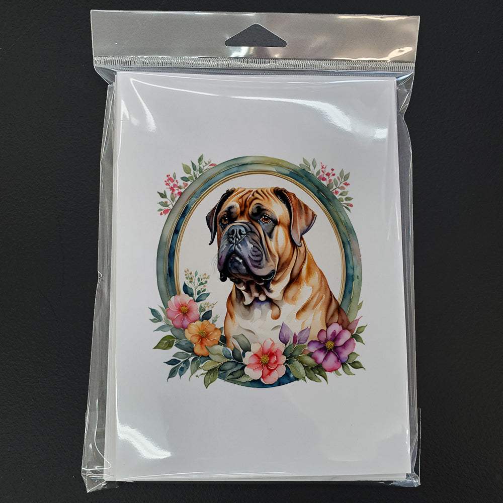 Dogue de Bordeaux and Flowers Greeting Cards and Envelopes Pack of 8