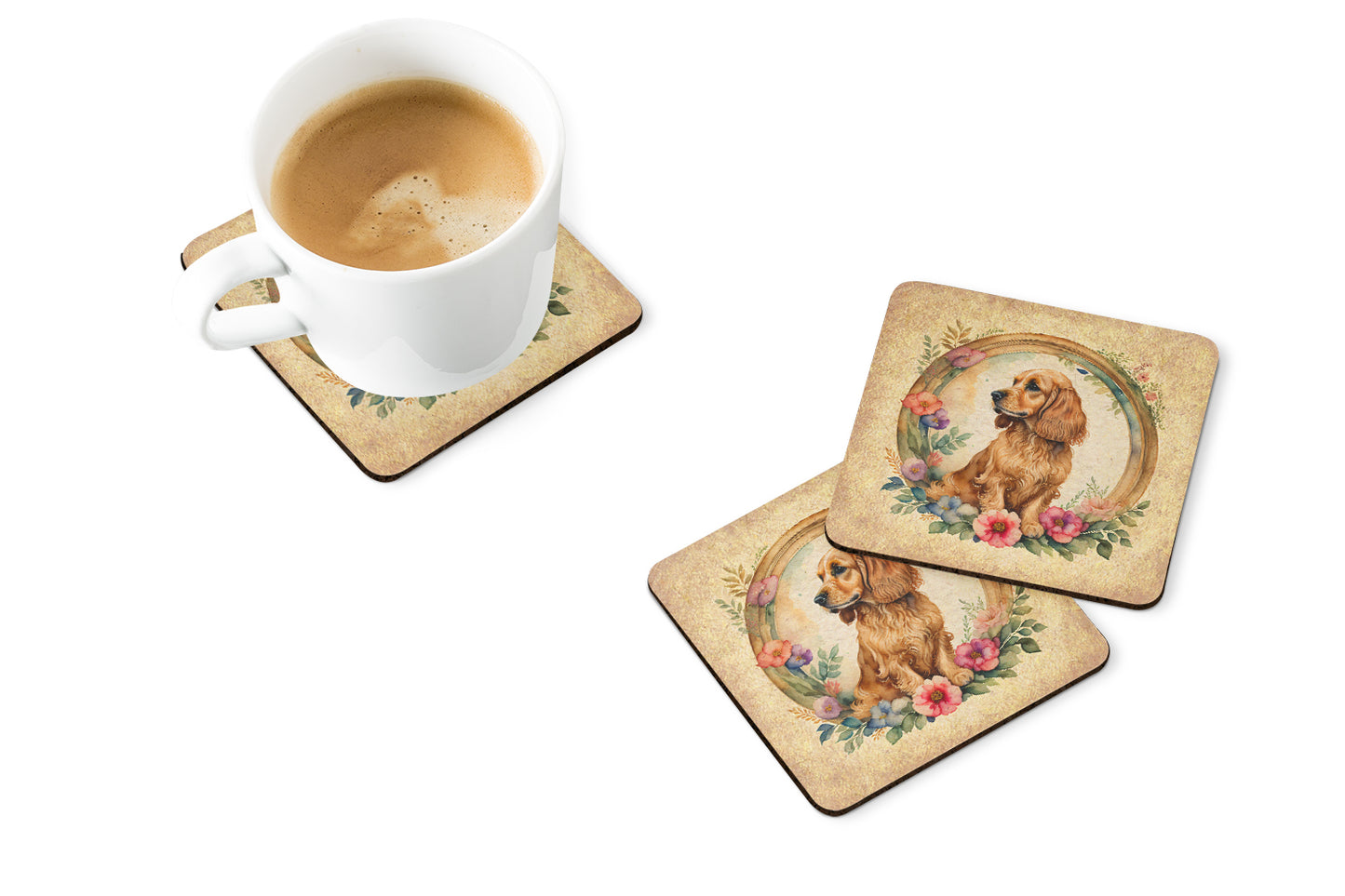 English Cocker Spaniel and Flowers Foam Coasters