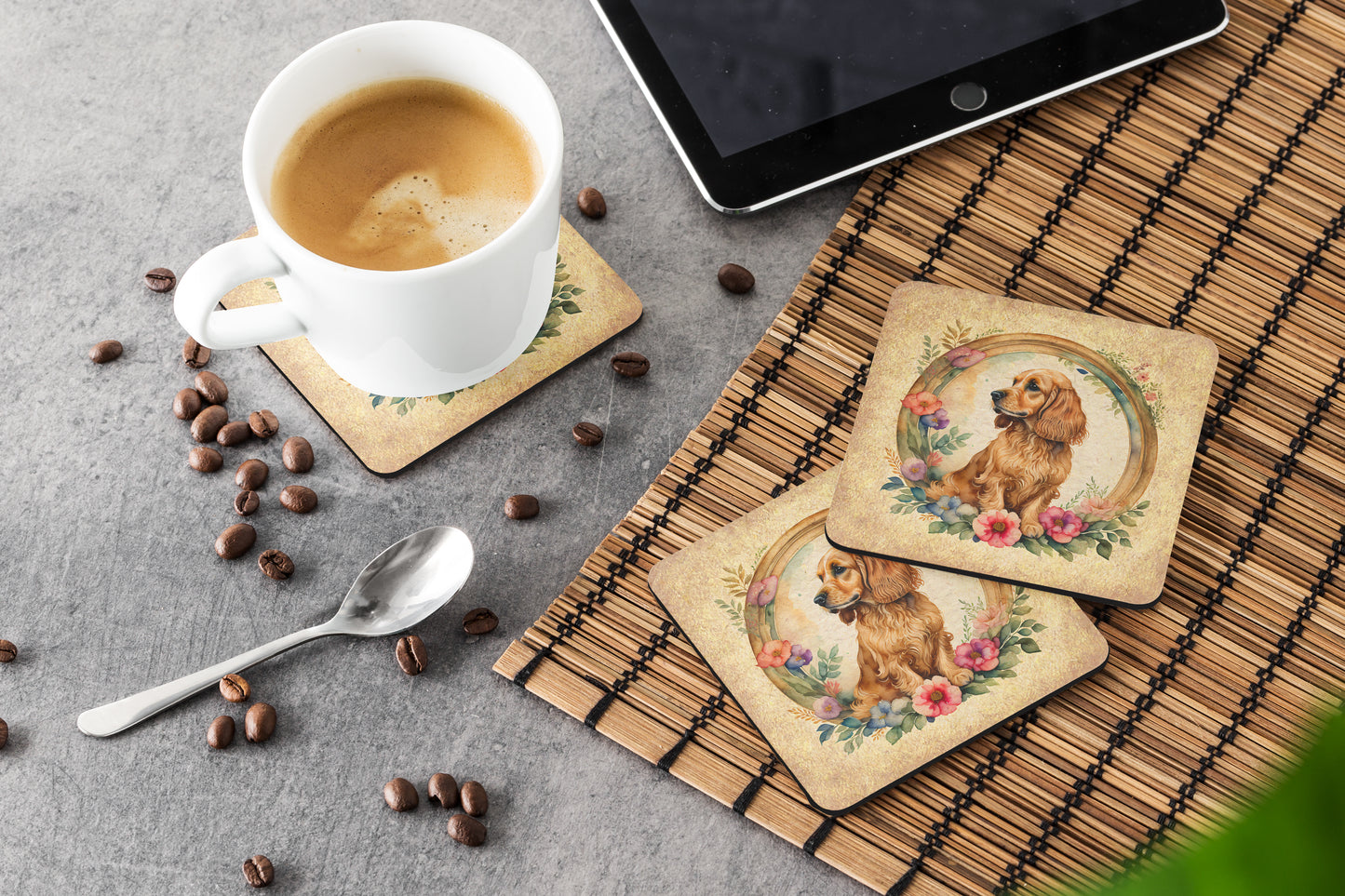 English Cocker Spaniel and Flowers Foam Coasters