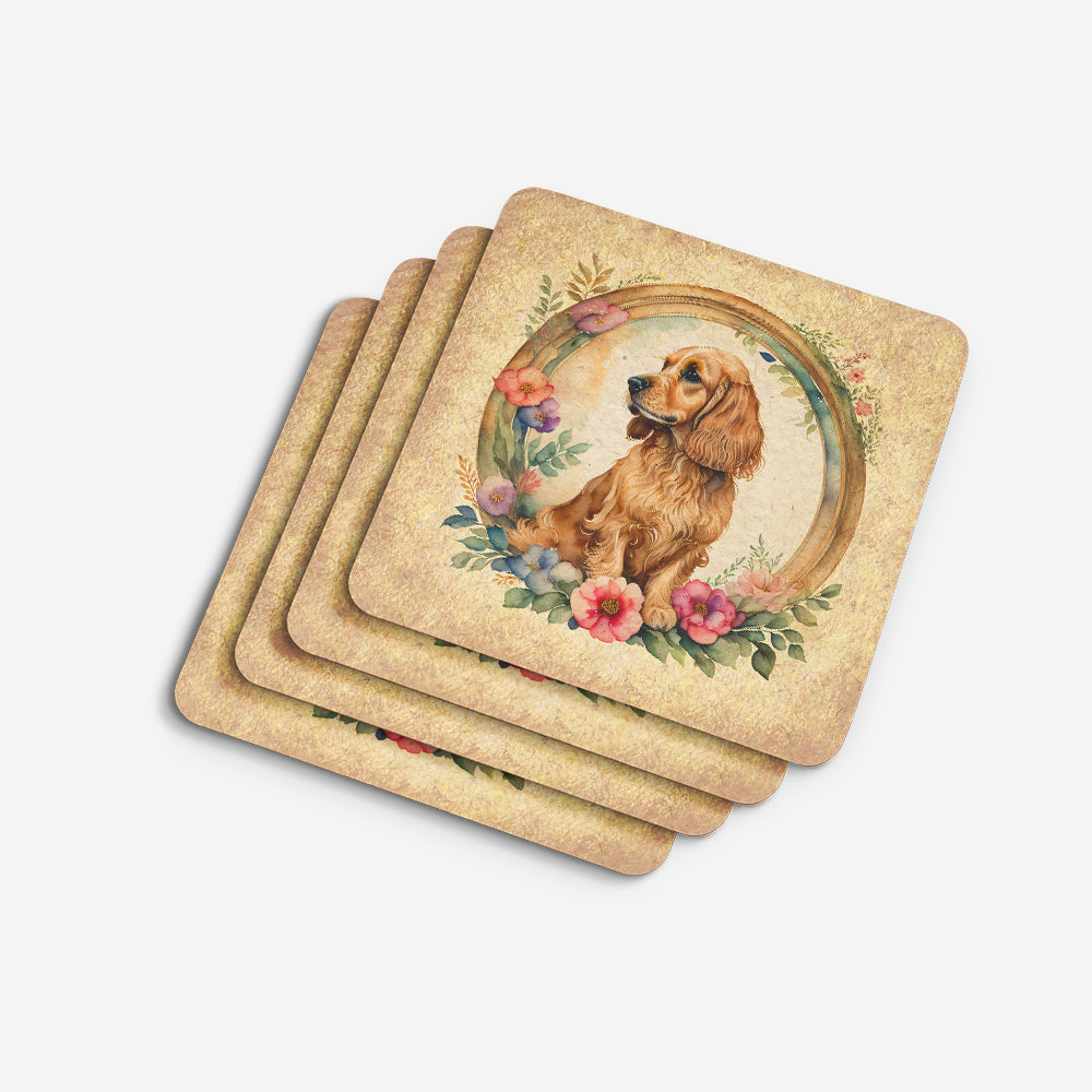 English Cocker Spaniel and Flowers Foam Coasters