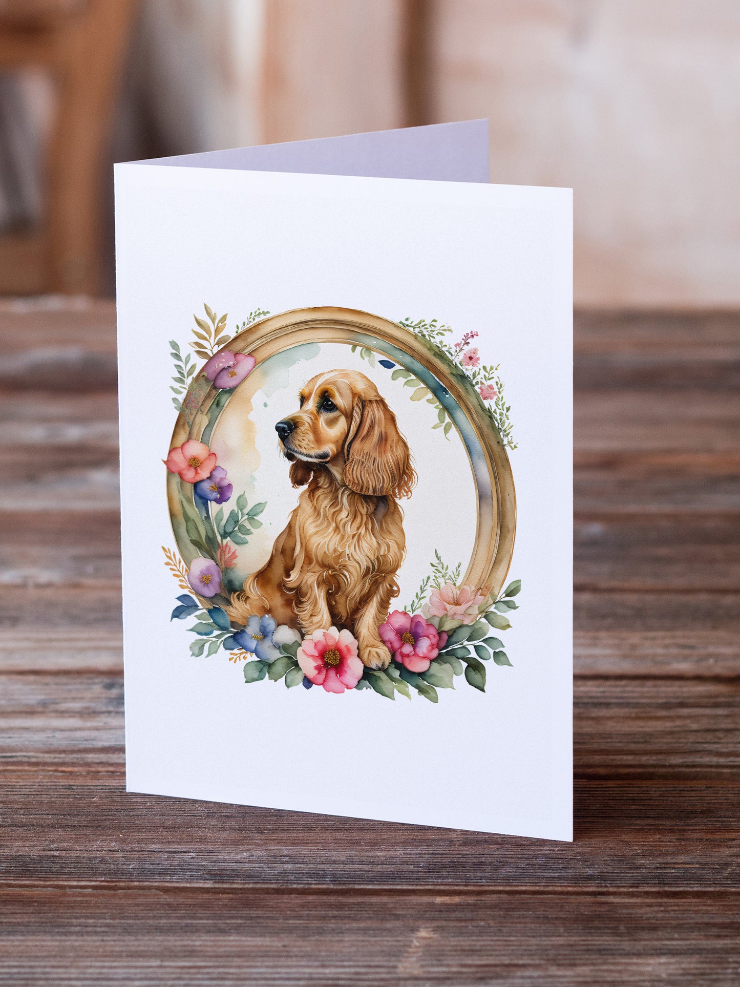 English Cocker Spaniel and Flowers Greeting Cards and Envelopes Pack of 8