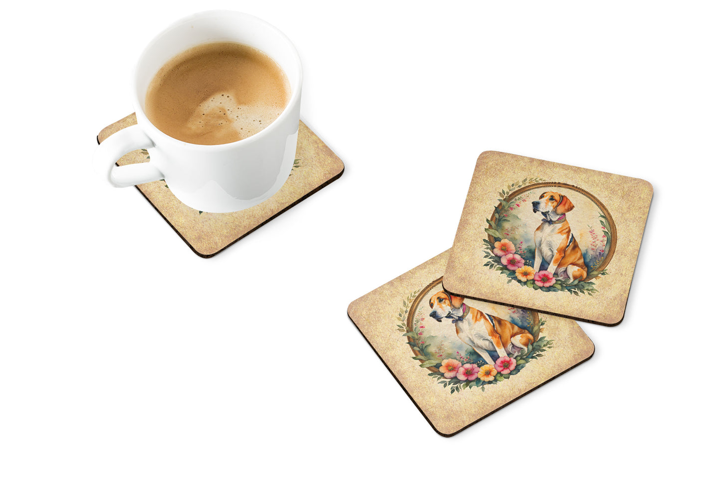 English Foxhound and Flowers Foam Coasters