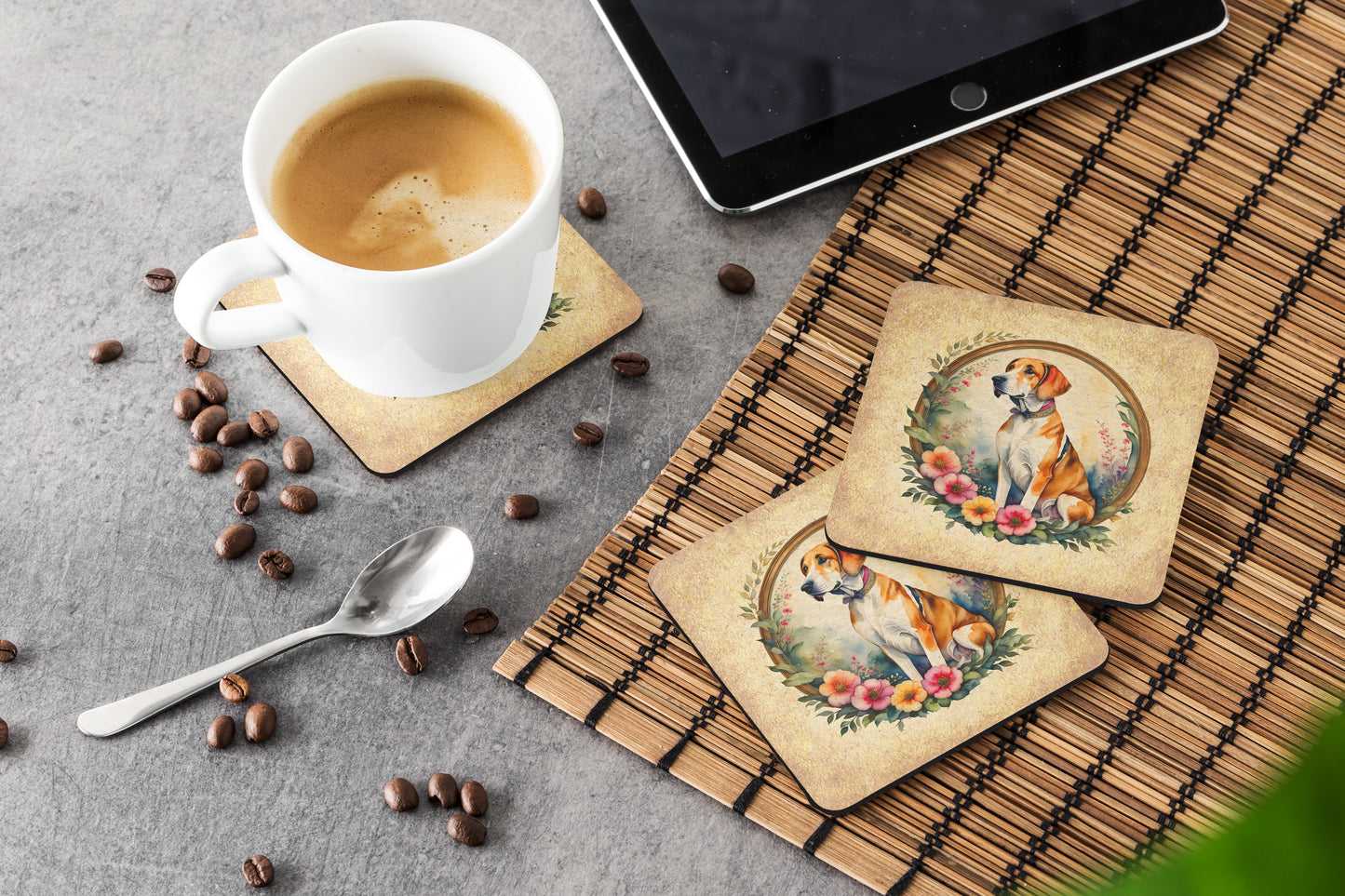 English Foxhound and Flowers Foam Coasters
