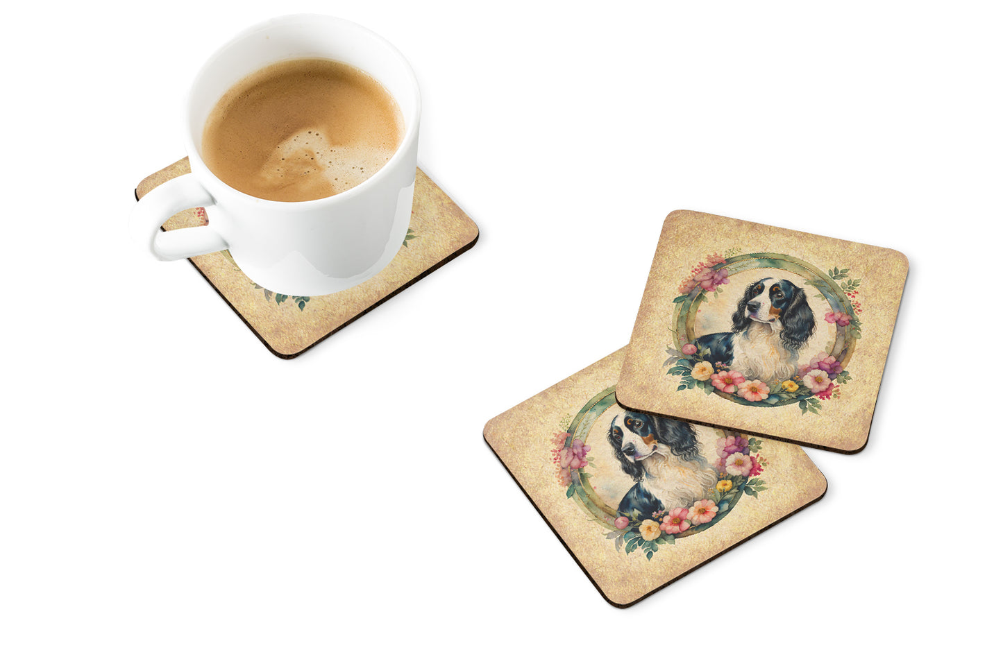 English Springer Spaniel and Flowers Foam Coasters