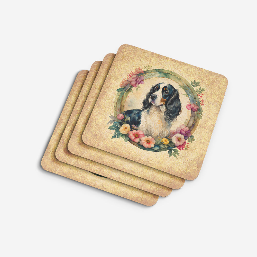 English Springer Spaniel and Flowers Foam Coasters