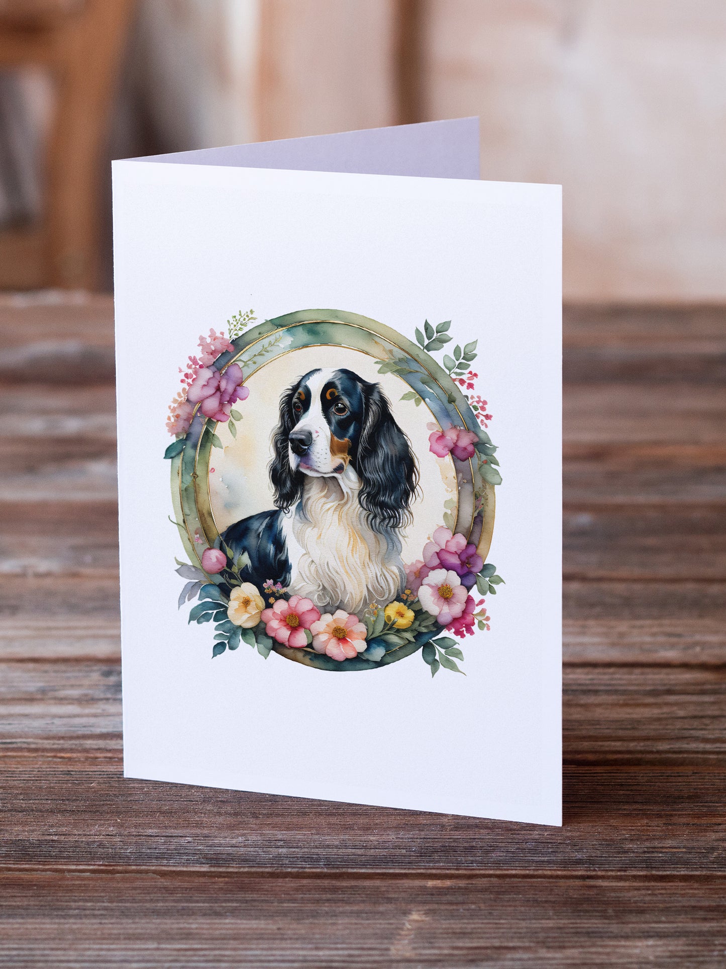 English Springer Spaniel and Flowers Greeting Cards and Envelopes Pack of 8