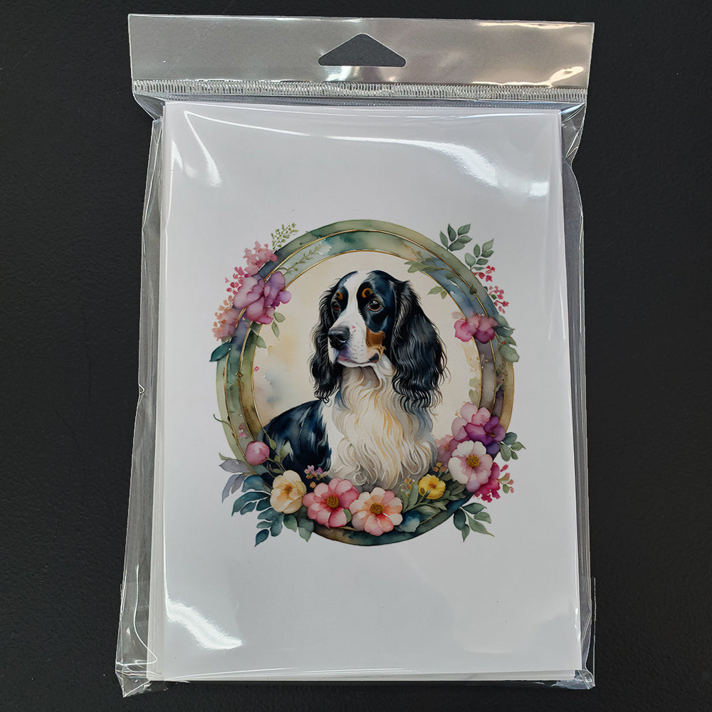 English Springer Spaniel and Flowers Greeting Cards and Envelopes Pack of 8